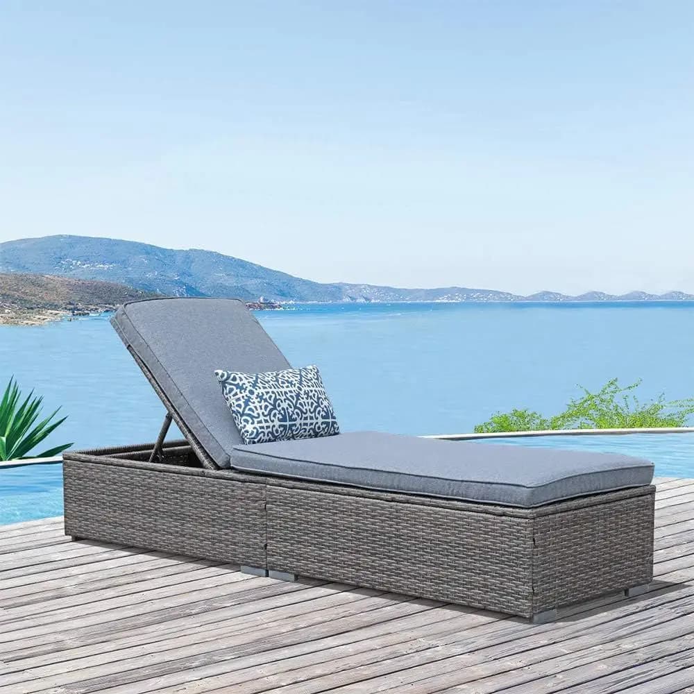 Gray Rattan Outdoor Reclining Chair with Adjustable Backrest and Removable Cushion