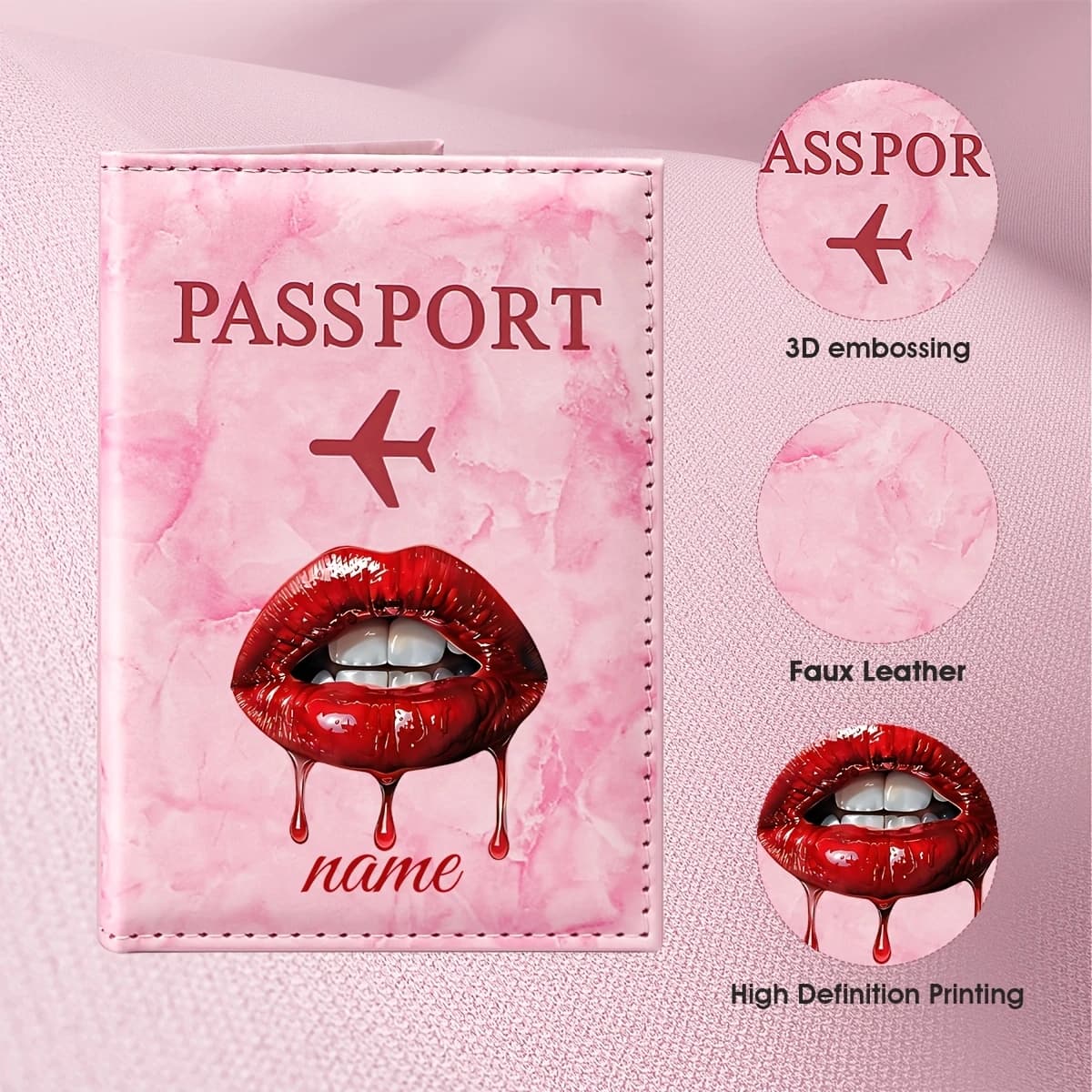 Custom Name Blood Red Lip Print Dark Style Passport Holder, Red Lip Shape with Dripping Blood Pattern and English Name Element