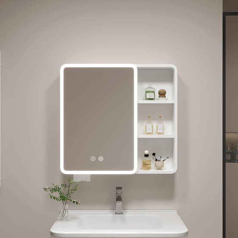 Armadietto a specchio da bagno in alluminio con spazio ad angolo arrotondato Armadietto di stoccaggio intelligente Mobili per scaffali di bellezza montati a parete per WC