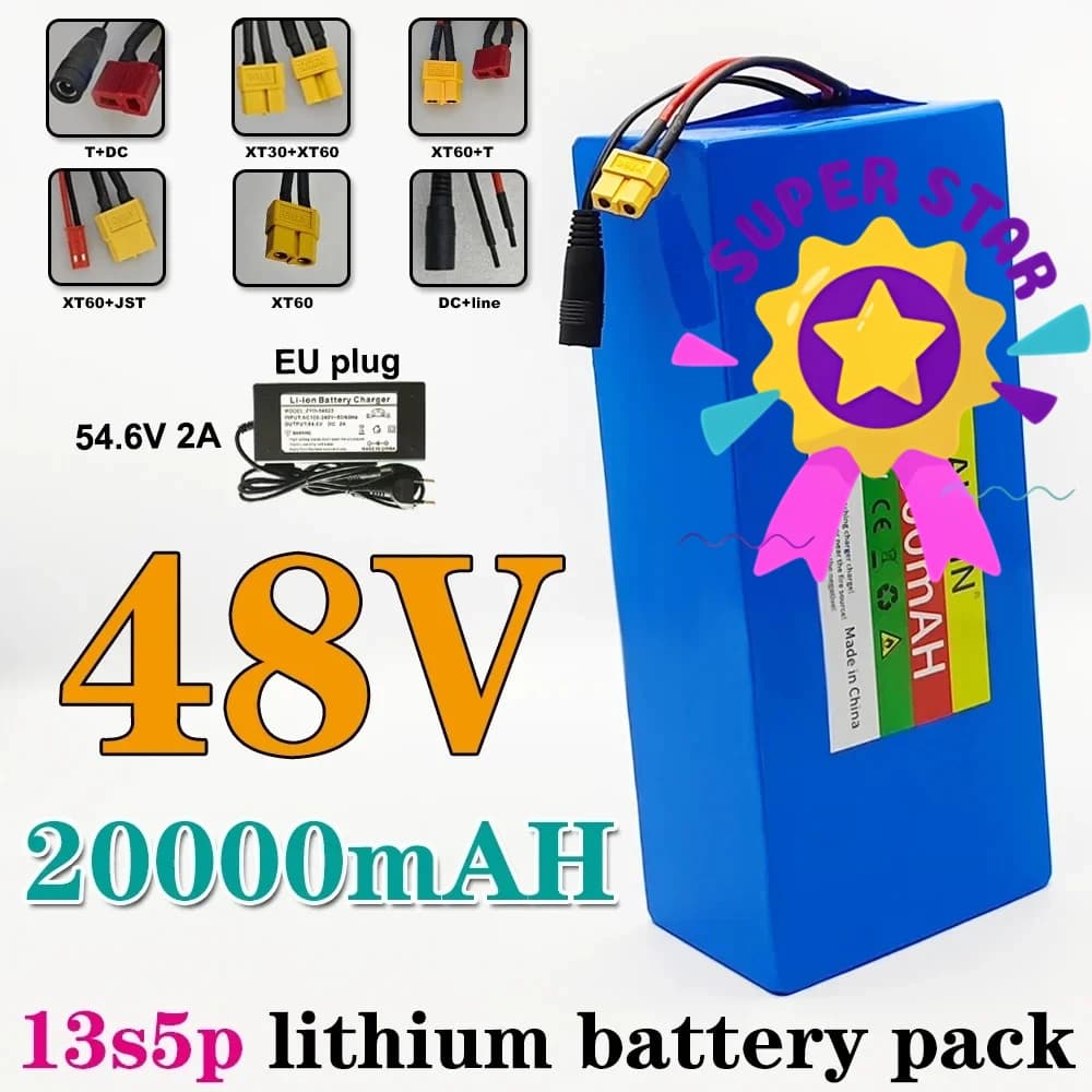 Batteria al litio 13S5P 48V 20Ah 18650 BMS intelligente integrato per macchinari elettrici 500-1000W + caricabatterie