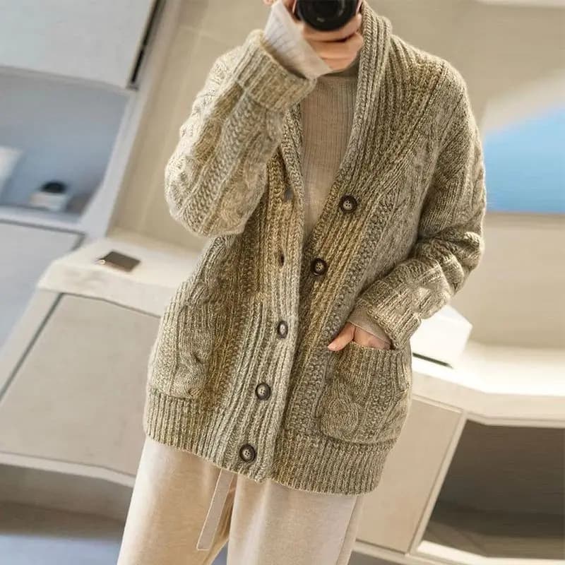 Needle Thick Sweater Loose Knitted Cardigan Versatile Elegant Button Cardigan Sweater Autumn and Winter Jacket