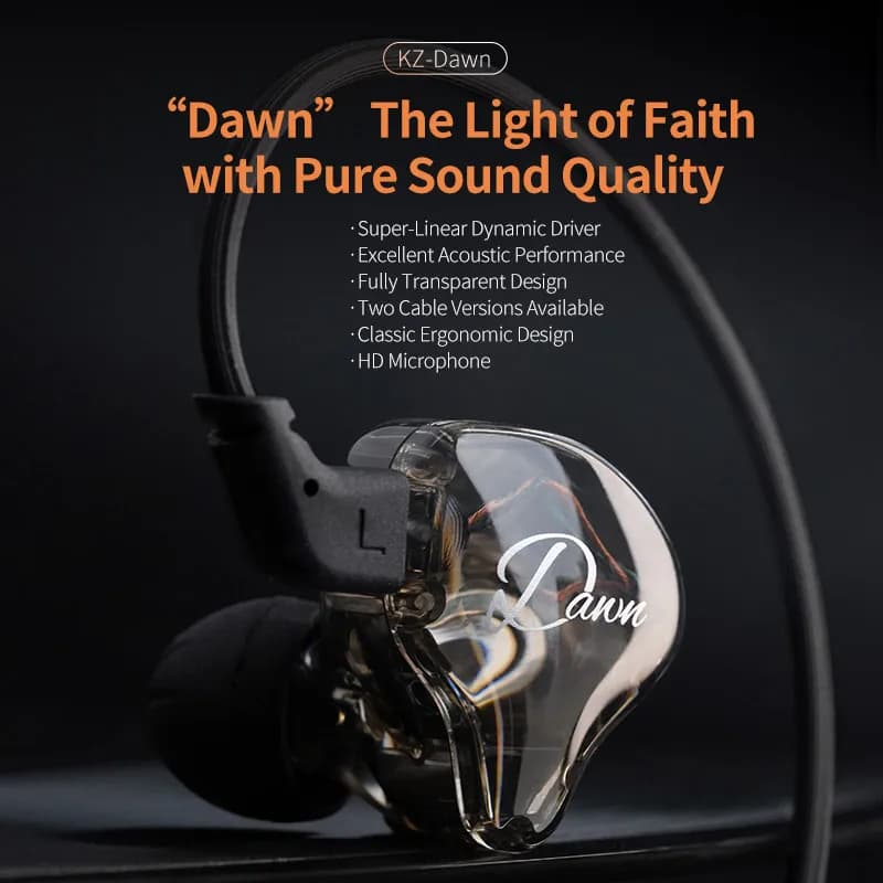Auricolari KZ Dawn HiFi con doppio driver dinamico da 10 mm, auricolari in-ear con bassi potenti, monitor in-ear per gaming, sport, musica, DJ, palcoscenico, riduzione del rumore.