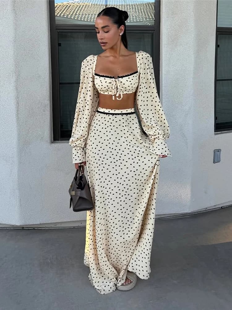 Sexy Polka Dot Crop Tops Long Skirts 2 Pieces Suit Women Full Sleeve Blouse High-waist Hip-wrap Skirt 2026 Summer Vacation Suit