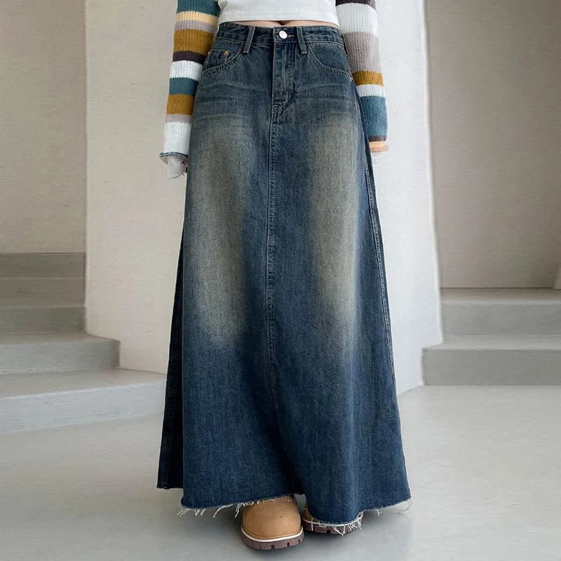 Lucyever Gonna di jeans lavata vintage per donna Y2K Gonne lunghe estetiche a vita alta Moda femminile Streetwear Gonna lunga di jeans