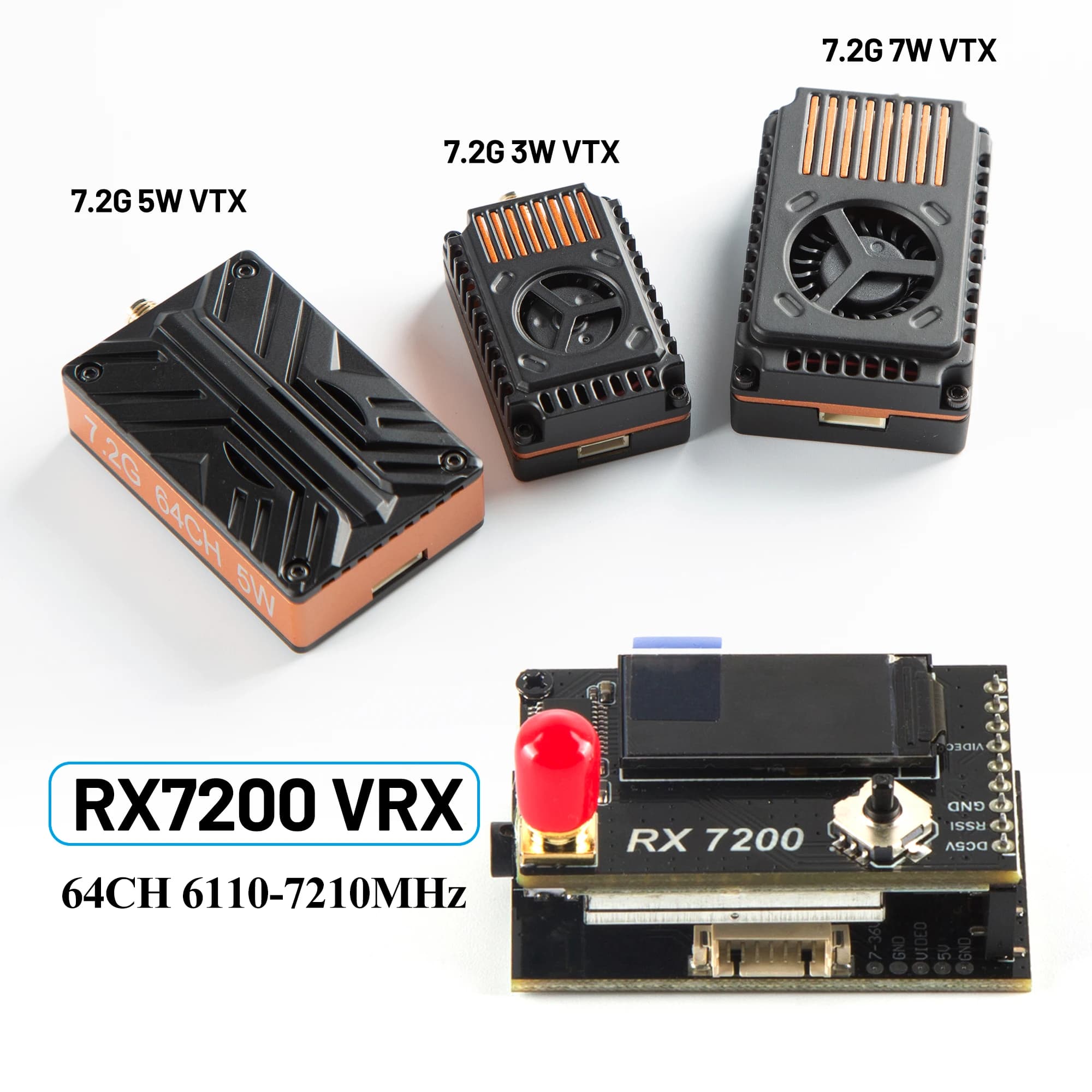 Modulo Ricevitore Video 7.2G 64 Canali 6110-7210MHz RX7200 VRX Compatibile con Occhiali FPV FatShark/Skyzone Droni 7.2Ghz 3W/5W/7W VTX