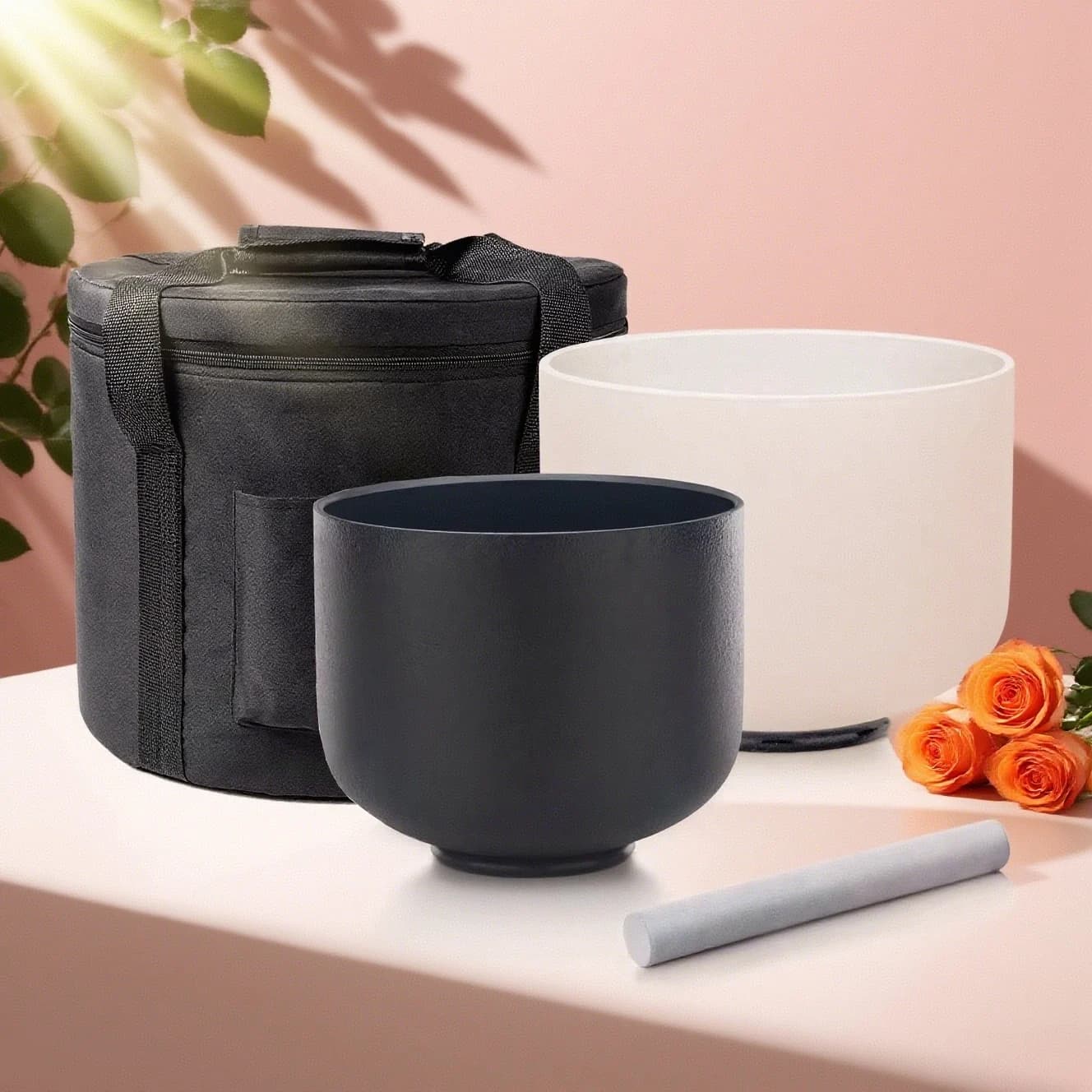 Hye-eun 2PCS 8"A Black&10"F White Crystal Singing Chakra Set Sound Bath Singing Bowls Mutual Attraction Bowls with Bag