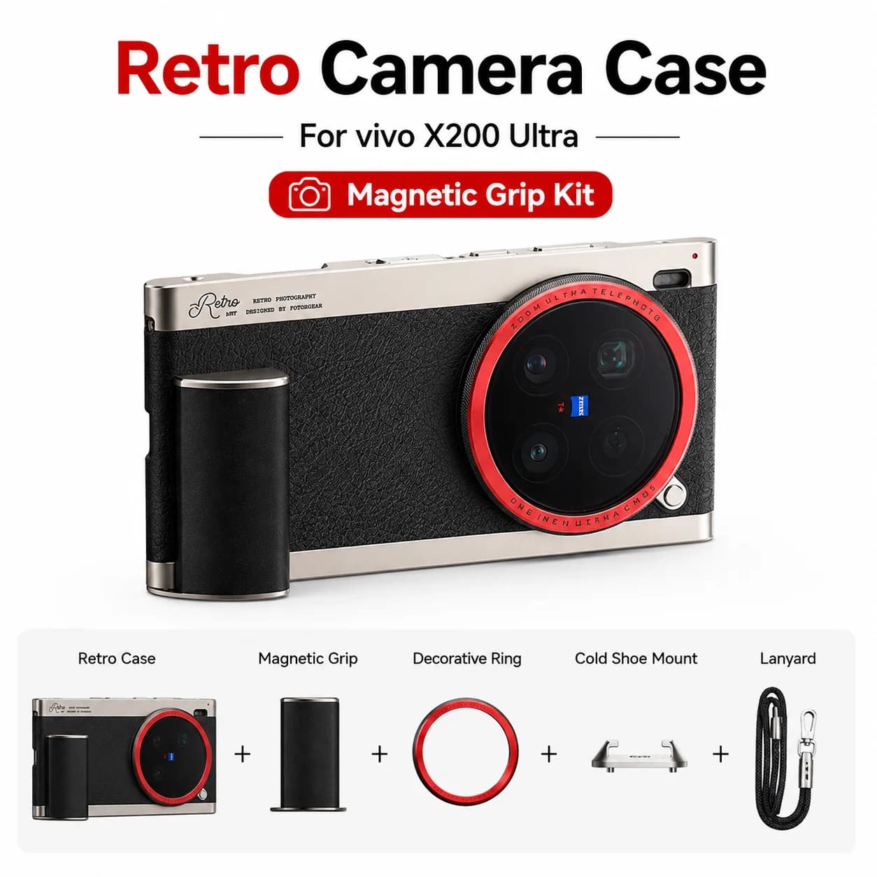 For Vivo X200 Ultra Retro Photography Case Camera Style Protective Phone Cover with Magnetic Handle UV Filter Adapter Ring
