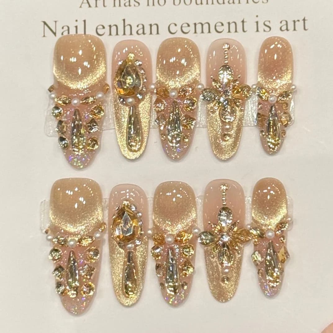 10 Pieces Nails Fins Artisans Press-on Champagne Zircone Diamond Mandorla, Decoration Fins French Elegant Effect Cat Eye, Nails Ready to Wear