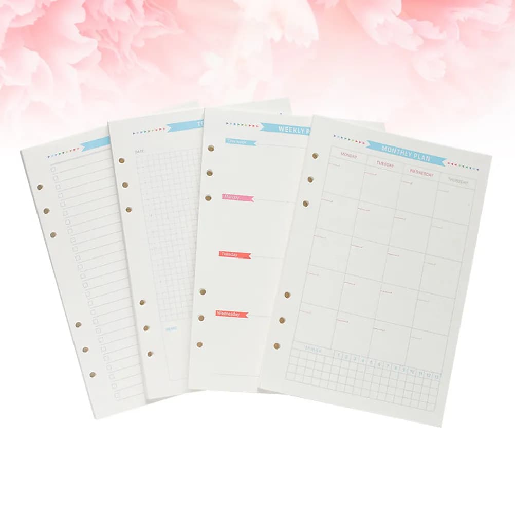 1 set di fogli di ricambio A6 a 6 fori per agenda, per notebook, con calendario mensile, settimanale, giornaliero e lista delle cose da fare, superficie liscia