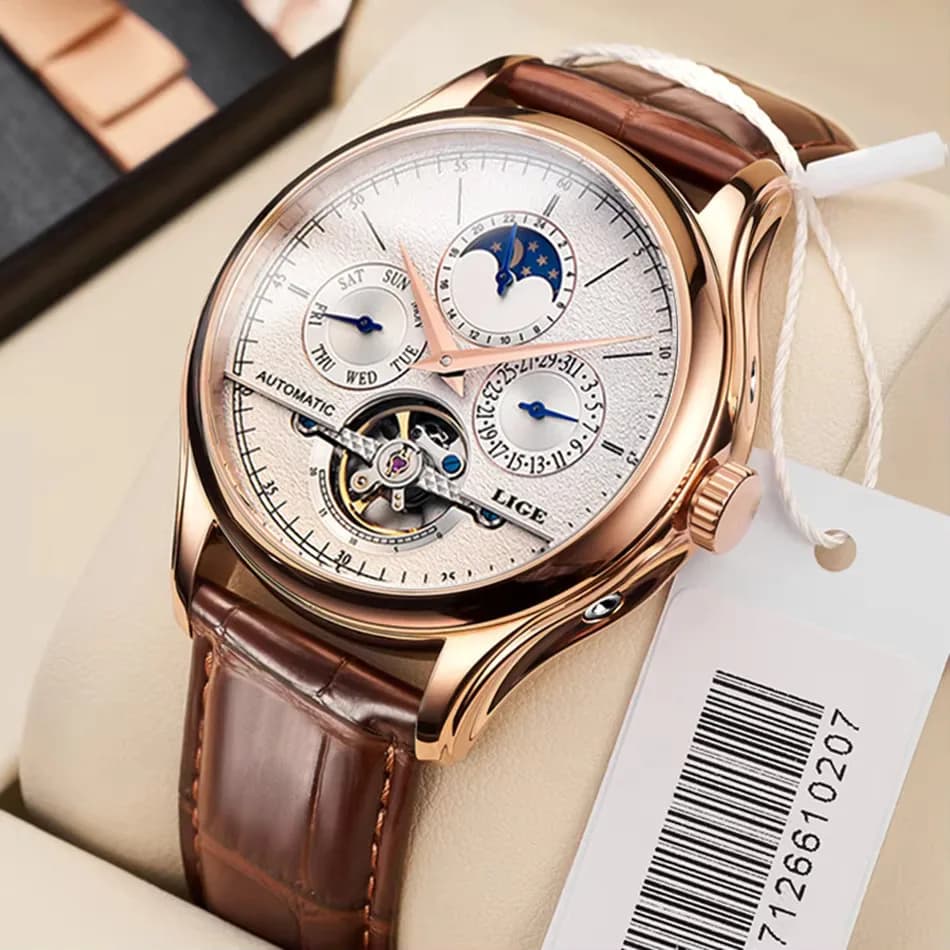 LIGE Business Orologio meccanico di lusso Retro Semplice 24 ore lunare Automatico in pelle impermeabile Fase Tourbillon Orologi per uomo Nuovo