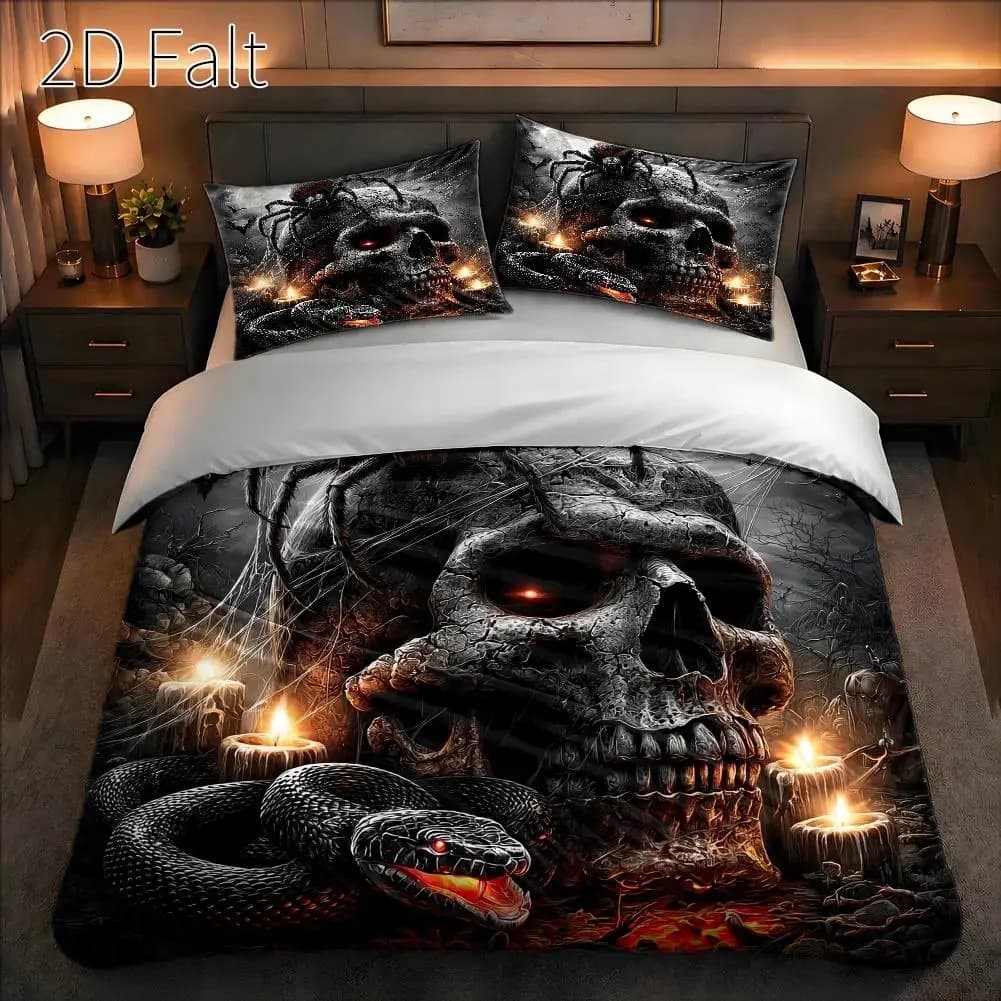 3Pcs Duvet Cover Set, 1Pc Duvet Cover and 2Pcs Pillowcases (Filling Not Included) 2D Flat Printing, Skull Theme Pattern, Dark g