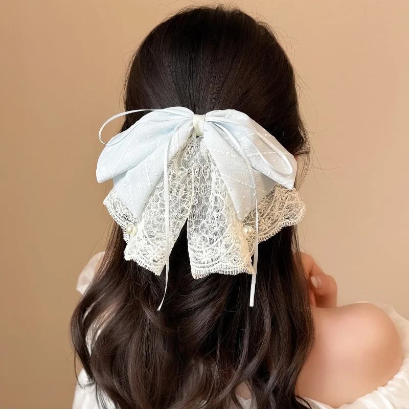 Fermaglio per capelli in pizzo tulle etereo con fiocco di perle Scrunchie in raso a righe a pois per donna Porta coda di cavallo ad alta estetica
