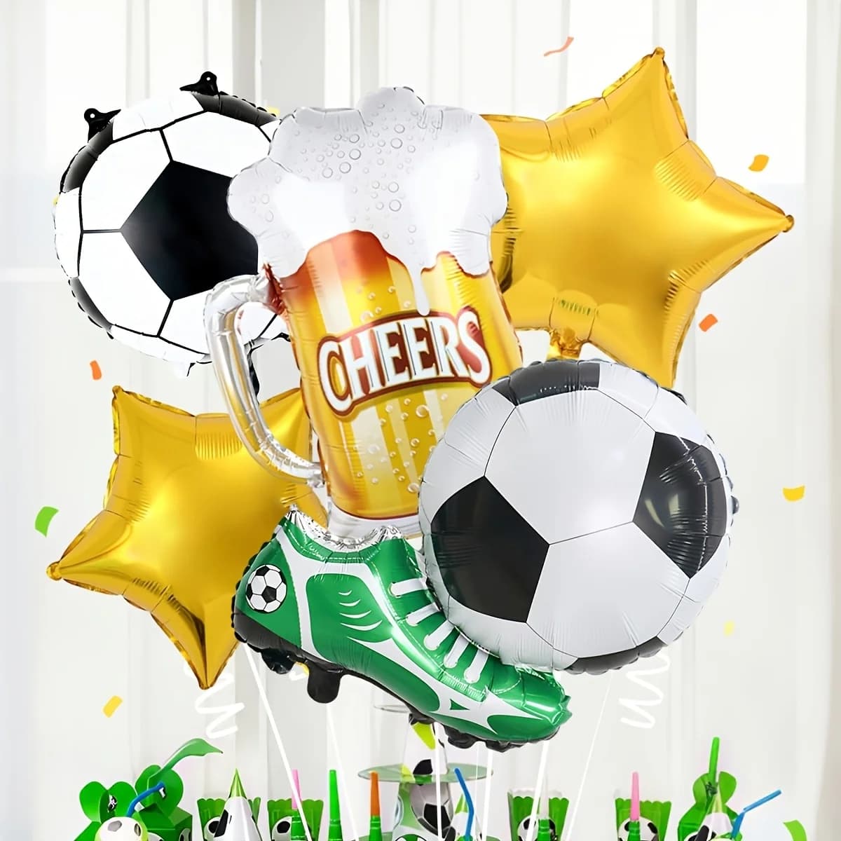 Set di 5 Palloncini a Tema Calcio, Palloncino a Forma di Scarpa da Calcio e Boccale di Birra, Decorazione per Feste a Tema Sportivo, Accessori per Foto di Partite di Calcio
