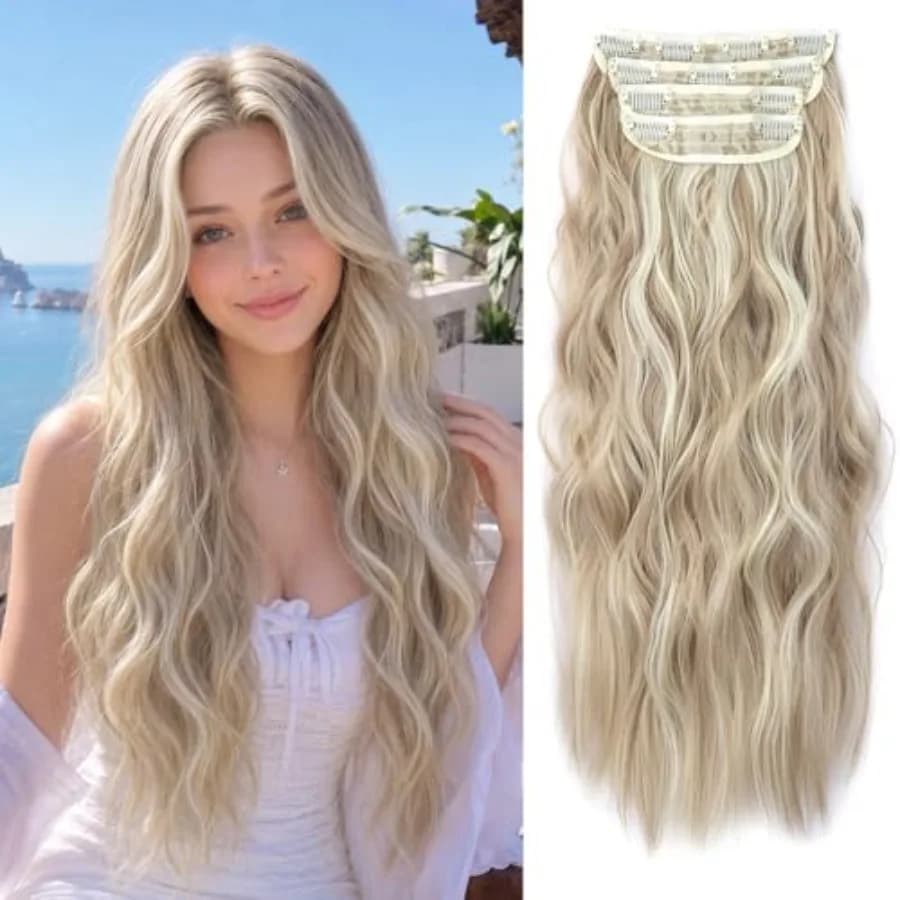 Clip in Natural Hair Extensions Long Wavy 4PCS Thick Hairpieces Dark Ash Blonde Mixed Bleach Blonde Double Weft Synthetic 20 In