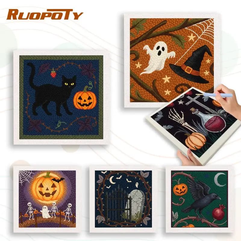 RUOPOTY Black Crow Punch Needle Frame For Adults Hobby Kits Halloween Punch Needle Kit Wall Art Adults Crafts Art Projects For A