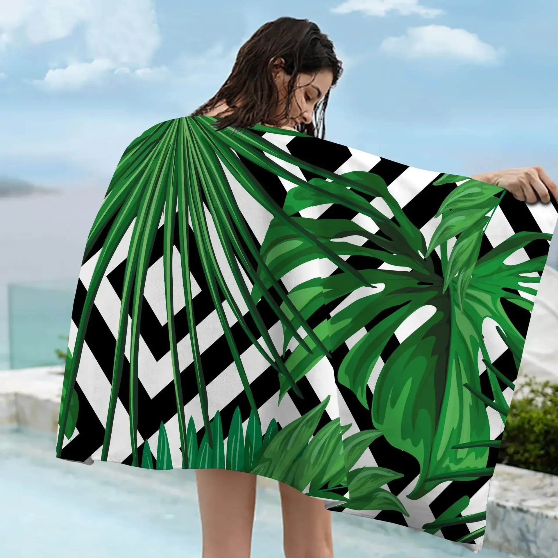 Asciugamano da spiaggia serie Green Plant Ins Wind Holiday Stampa creativa Asciugamano per protezione solare Scialle da nuoto Viaggio Mare Surf Poncho da donna