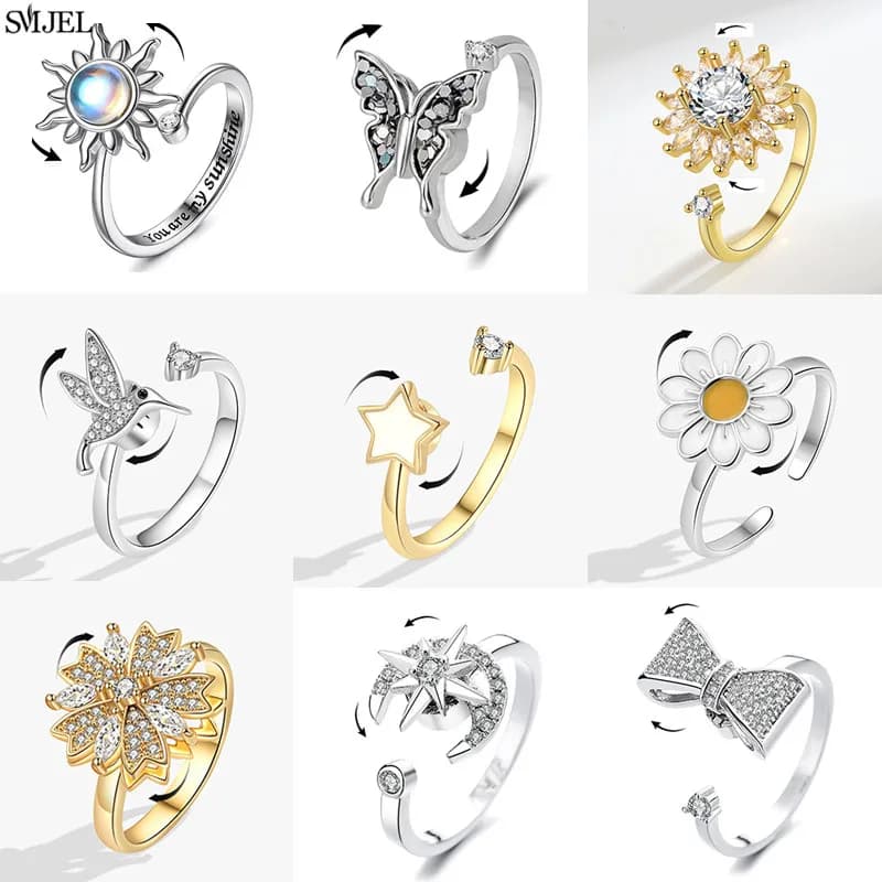 Anello classico di moda Sun Fidget Spinner per le donne Anti ansia Cristallo Girasole Bowknot Anello rotante Accessorio per gioielli con nocche