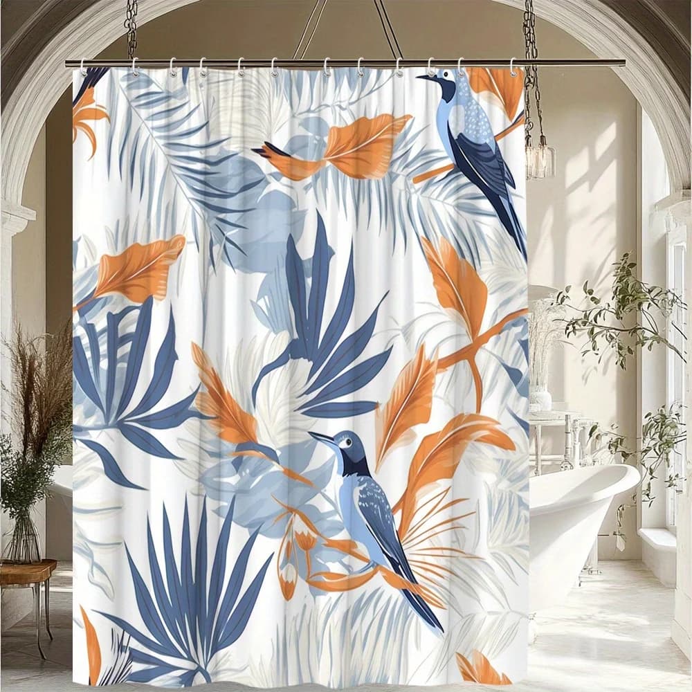 Tenda da doccia con motivo uccelli e piante tropicali da 1 pezzo - Design blu vibrante, arancione e bianco, tessuto in poliestere resistente,