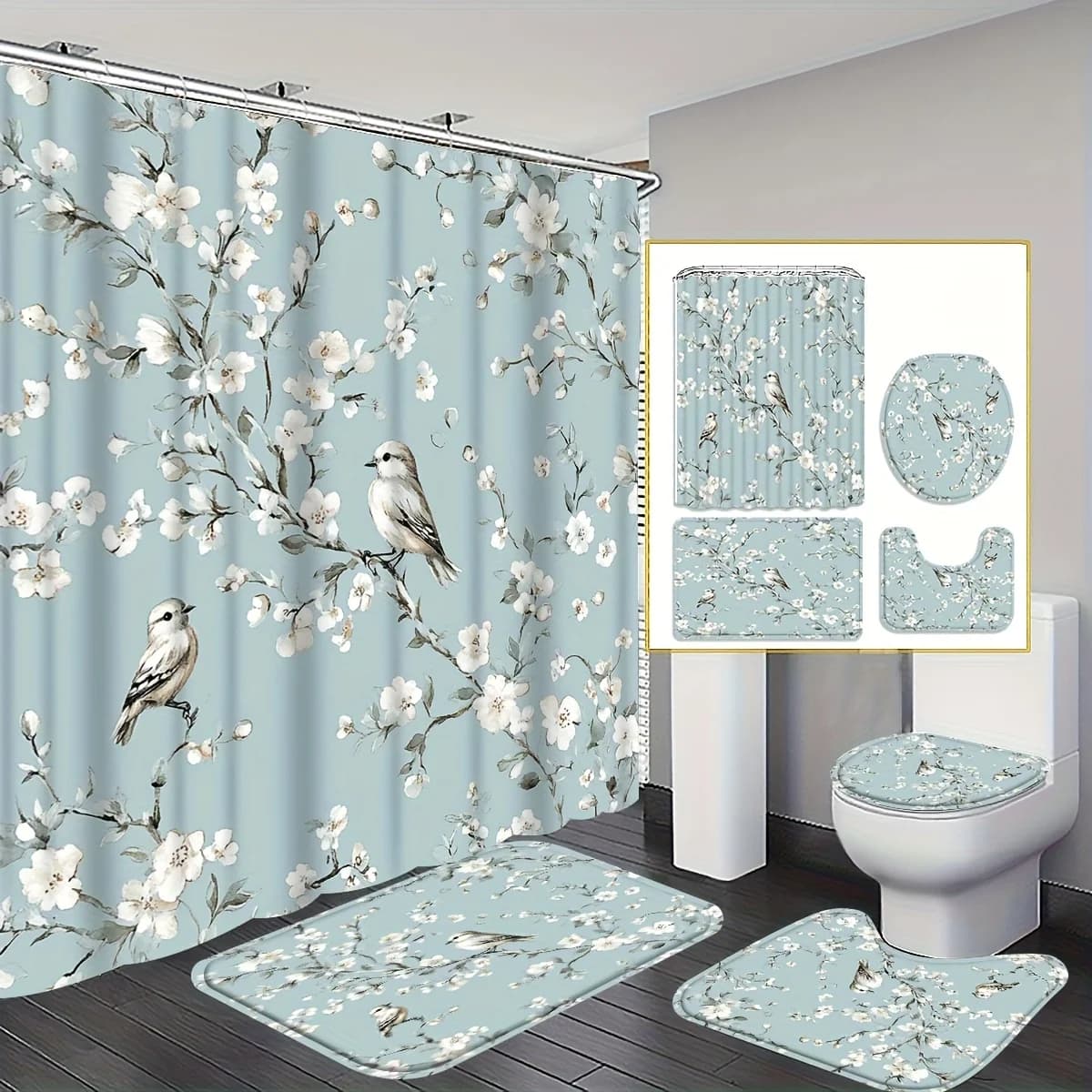 Set da bagno 4 pezzi con motivo fiori di ciliegio, tessuto in poliestere, include tenda da doccia, tappetino da bagno, tappetino a forma di U e copriwater