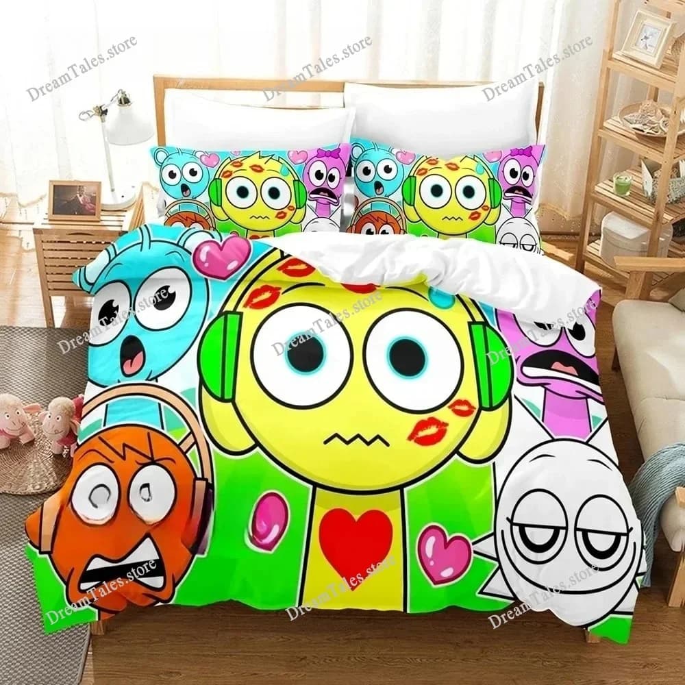 Set di Biancheria da Letto Sprunki, Copripiumino per Letto Singolo, Matrimoniale, Queen, King Size, per Adulti e Ragazzi, Set Lussuoso Anime Sprunki