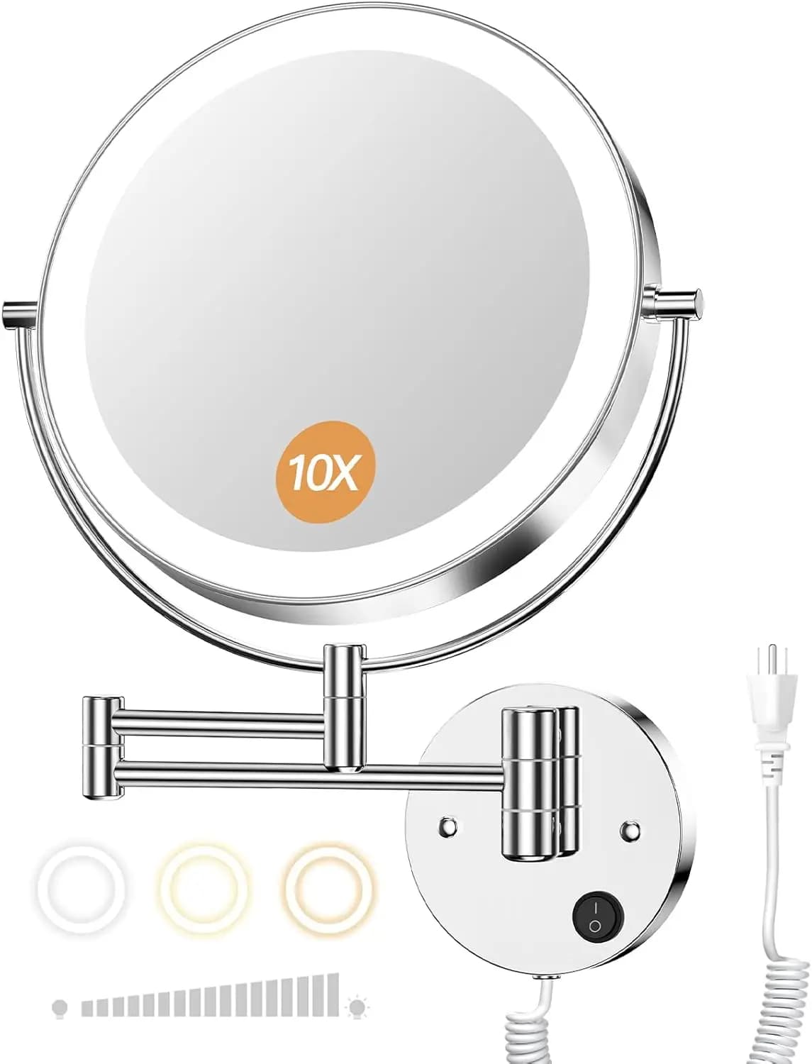 Specchio Ingranditore LED da Parete 9 Pollici, Bifacciale 10X/1X con Dimmer Touch e Braccio Estensibile per Bagno