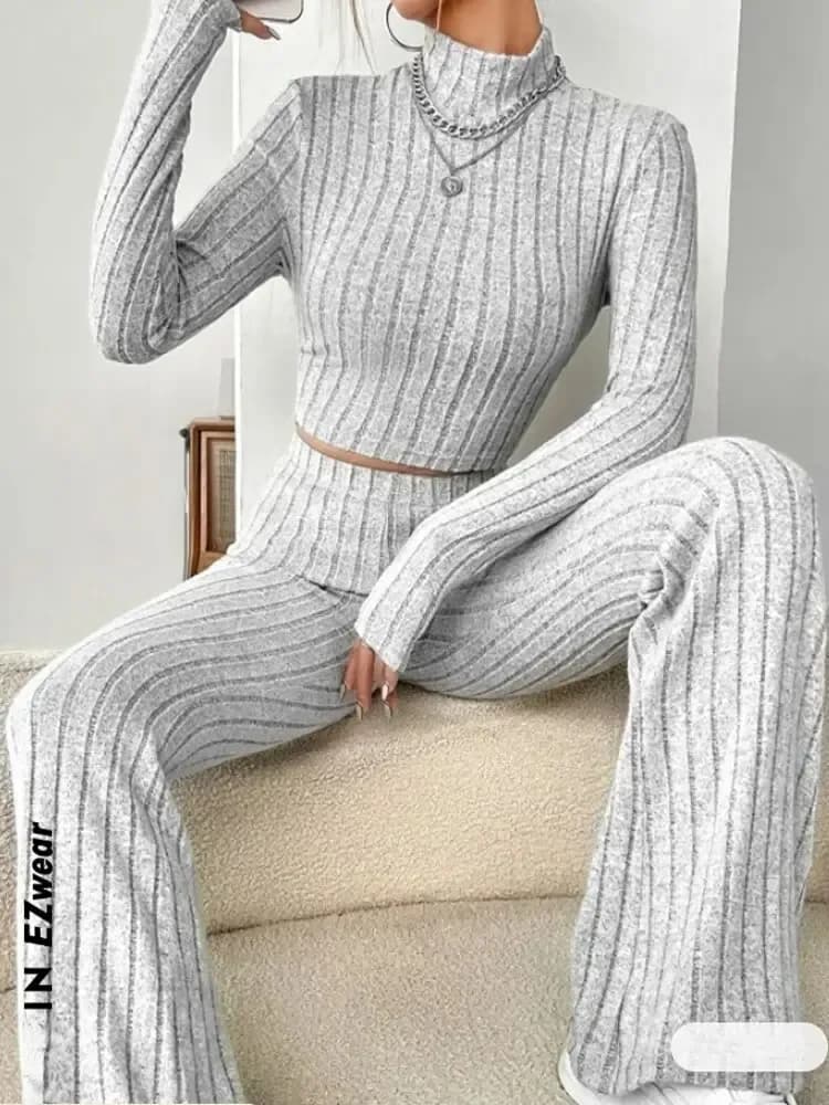 Moda donna tinta unita streetwear autunno inverno elegante girocollo top pantaloni larghi tuta casual vacanza sportiva set da due pezzi
