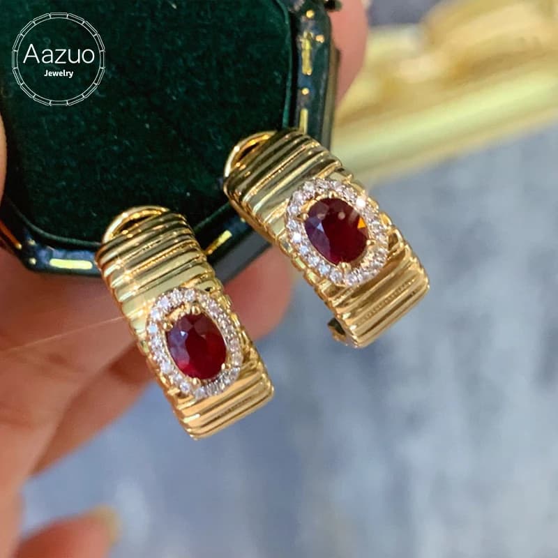 Aazuo Gioielli Autentici in Oro Giallo 18K con Rubino Naturale e Diamanti Veri, Set di Gioielli di Lusso, Orecchini a Gancio, Regalo per Donne, Matrimoni e Feste