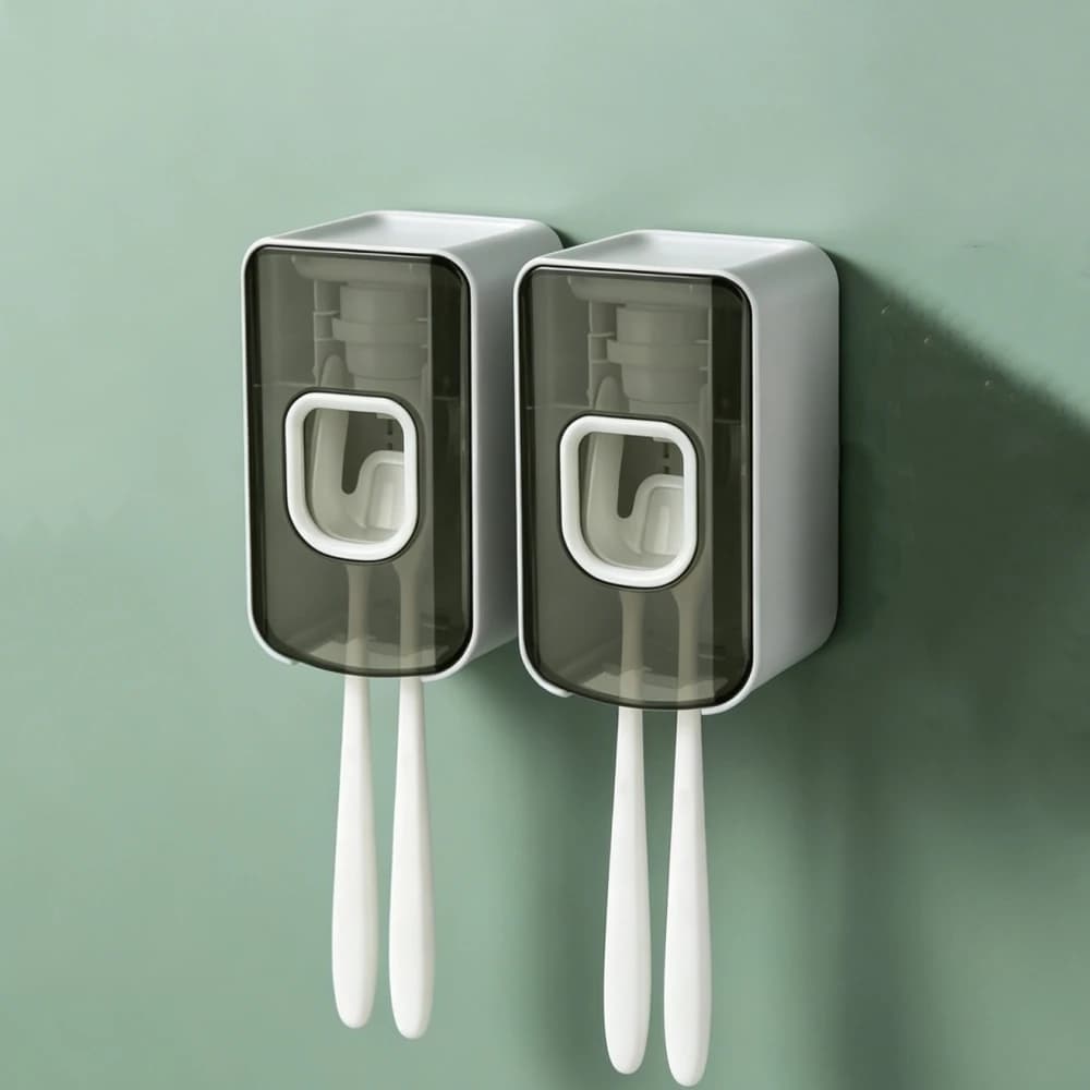 2 Portaspazzolini con Dispenser di Dentifricio a 2 Scomparti, Organizzatore per Spazzolini da Denti Autoadesivo da Parete per Bagno