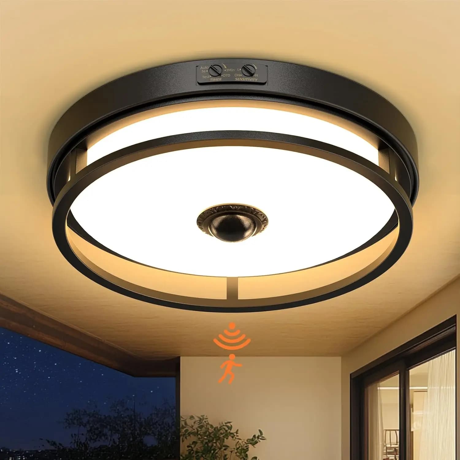 Lampada da Soffitto per Esterni con Sensore di Movimento, Plafoniera LED a Montaggio a Filo, Luci da 12 Pollici dal Tramonto all'Alba per Garage, Corridoio, Ingresso