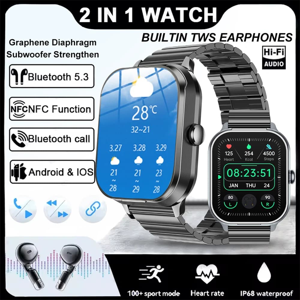 GEJIAN 2025 Nuovo TWS 2-in-1 Auricolari Smart Watch Orologio da uomo NFC Frequenza cardiaca Monitoraggio dell'ossigeno nel sangue GPS Traiettoria Smartwatch