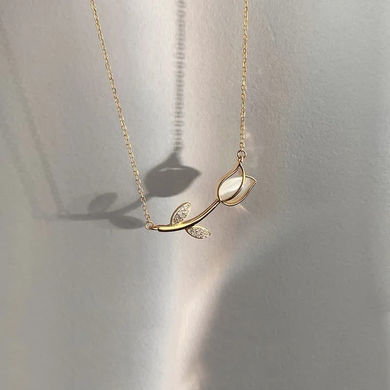 Stainless Steel Rose Tulip Crystal Necklace for Women's Wedding Jewelry Cute Pendant Chain Women's Party Neck Accessory Gift