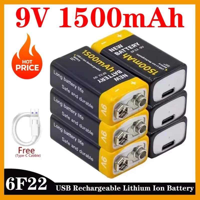 Nuovo 6F22 USB ricaricabile agli ioni di litio 9V 6F22 1500mAh Batteria per sensore di fumo antincendio Sensore di gas Metal Detector Attrezzature antincendio