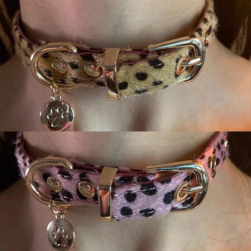 Collana con ciondolo a forma di zampa di cucciolo stile Y2K Sweet Cool Punk, girocollo in peluche con motivo leopardato, cintura in pelle per il collo, gioielli da festa, regali