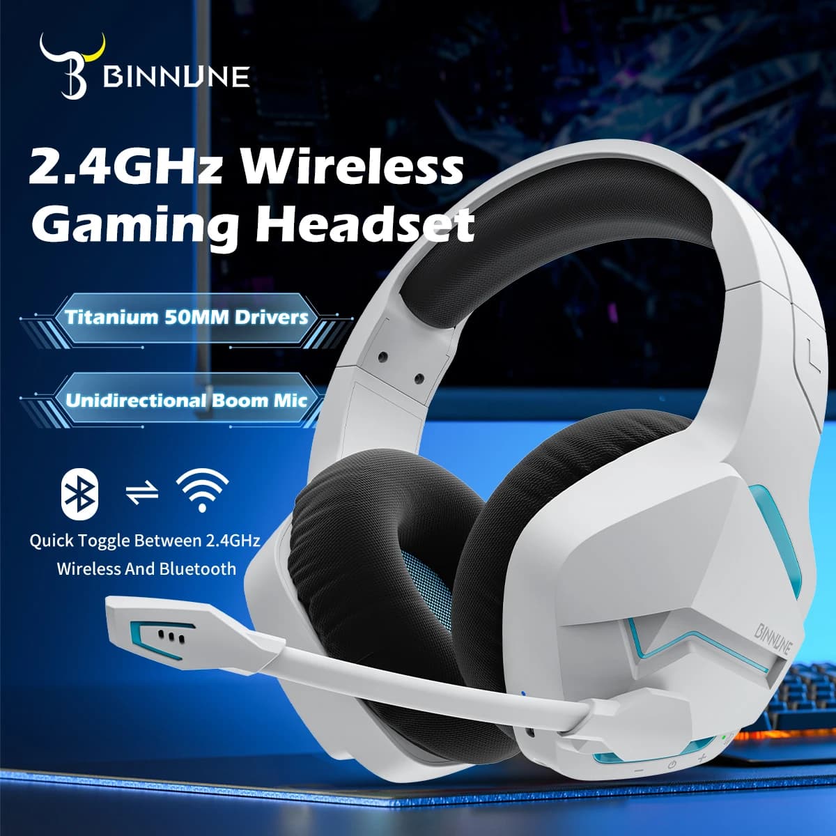 2,4 GHz BINNUNE Wireless Gaming Headphones for PS5, PS4, Switch, FPS Gamers Bluetooth 5.3 gaming headphones with noise cancelling microphone