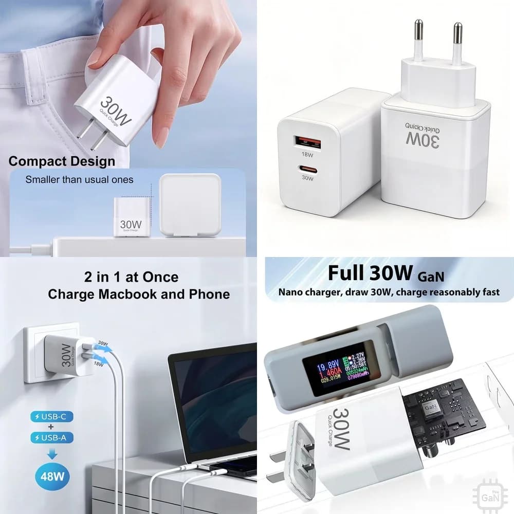 30W USB C Charger Dual Port PD QC 3.0 Fast Charging Wall Adapter Type C USB A Quick Charge for iPhone 17 16 15 Samsung Xiaomi
