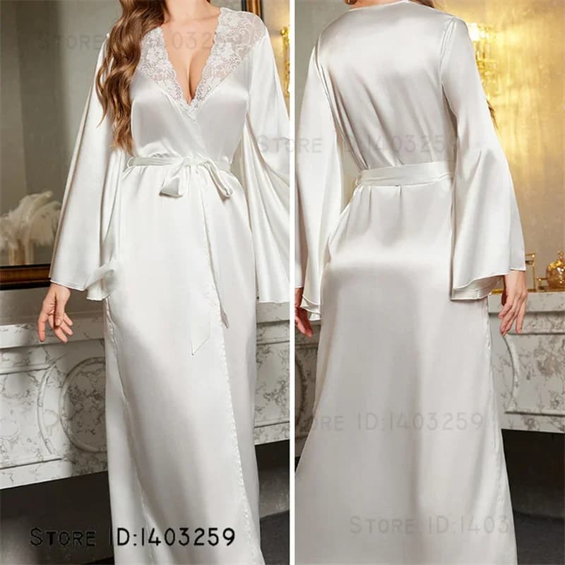 Bridal White Bridal Dress Stylish Dress Long Lace Night Dress Bathrobe Night Dress Stylish nightdress long sleeves silk satin Homewear
