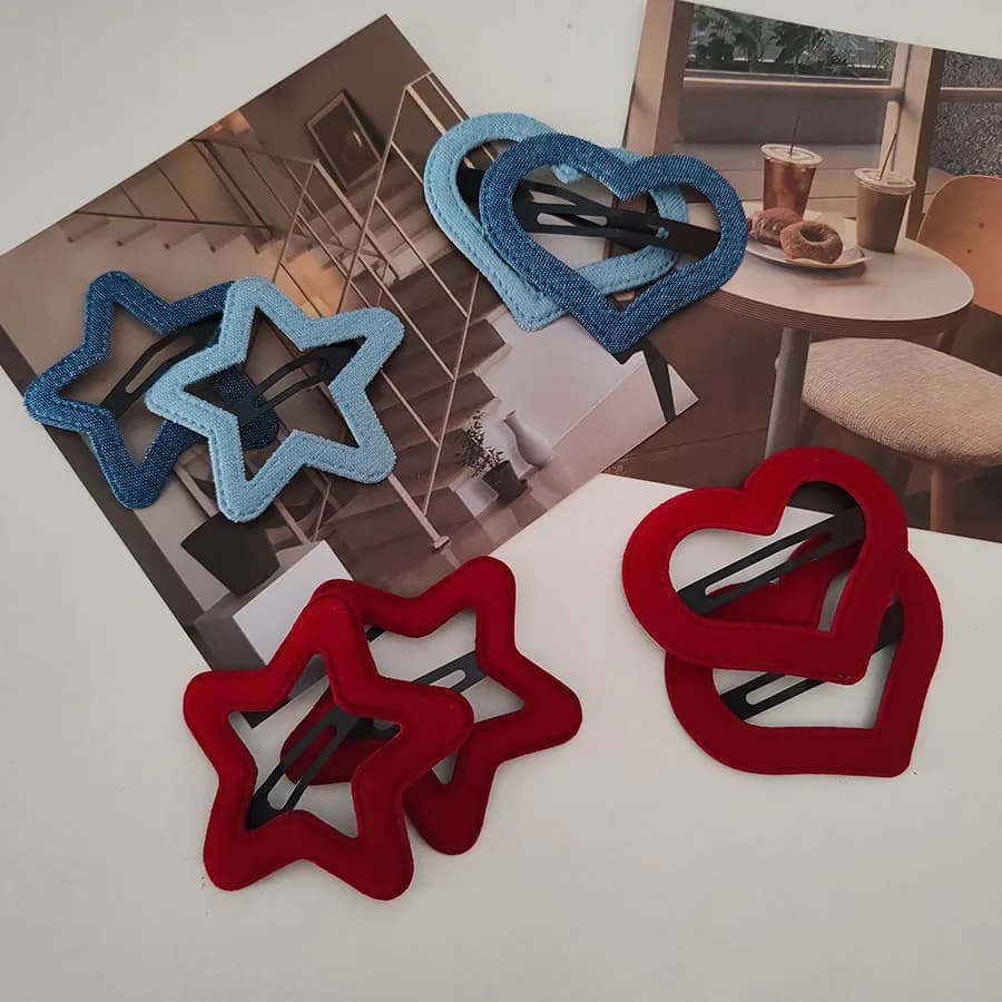 2 Pezzi Mollette per Capelli alla Moda in Denim e Velluto con Cuore Rosso e Stella, Accessori per Capelli per Donne e Ragazze