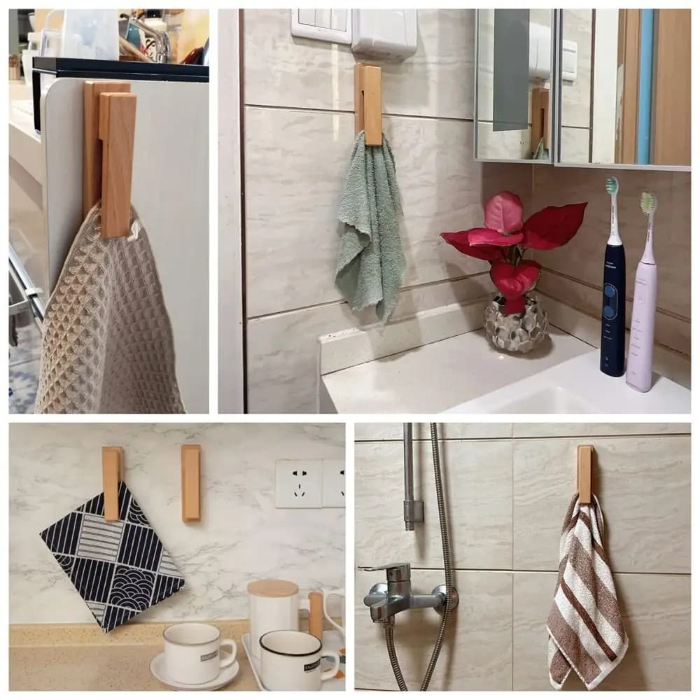 Gancio in legno multiuso in legno Adesivo forte Punch Gancio da parete in legno libero Appendiabiti per porta Appendiabiti Chiave Decor Holder Cucina