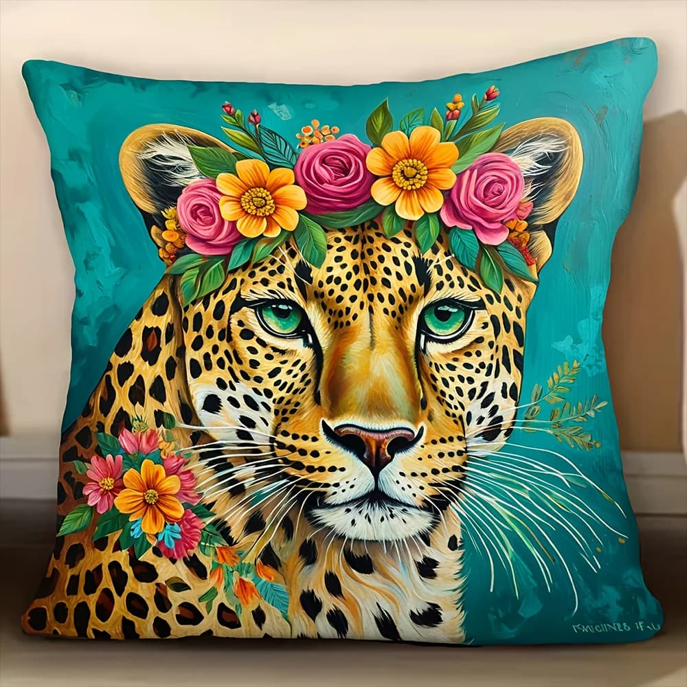 2D flat- Boho Floral Leopard Throw Pillow Cover Teal Wild Cat Decorative Pillowcase for Home Living Room Bedroom Couch Sofa