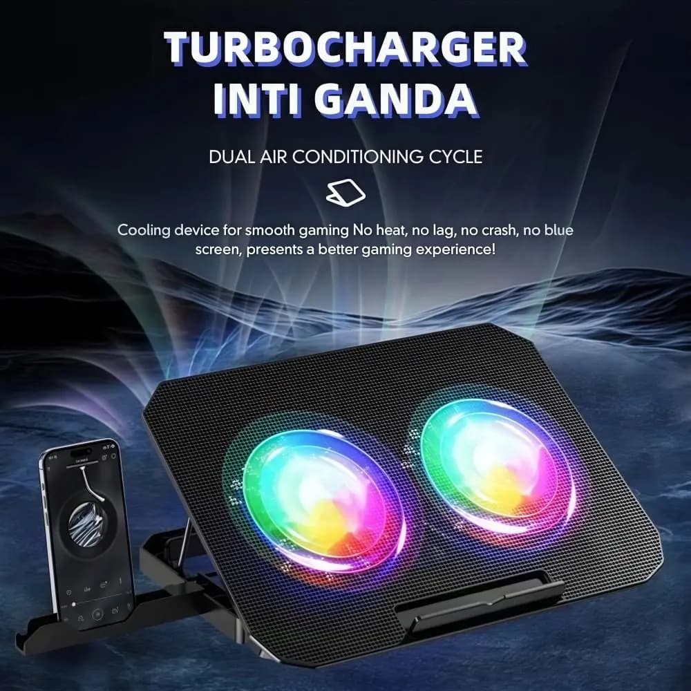 Two Fan Laptop Cooler RGB with Phone Holder Large Cooling Pad Stand Adjustable 7-speed Adjustment Laptop Cooling Base