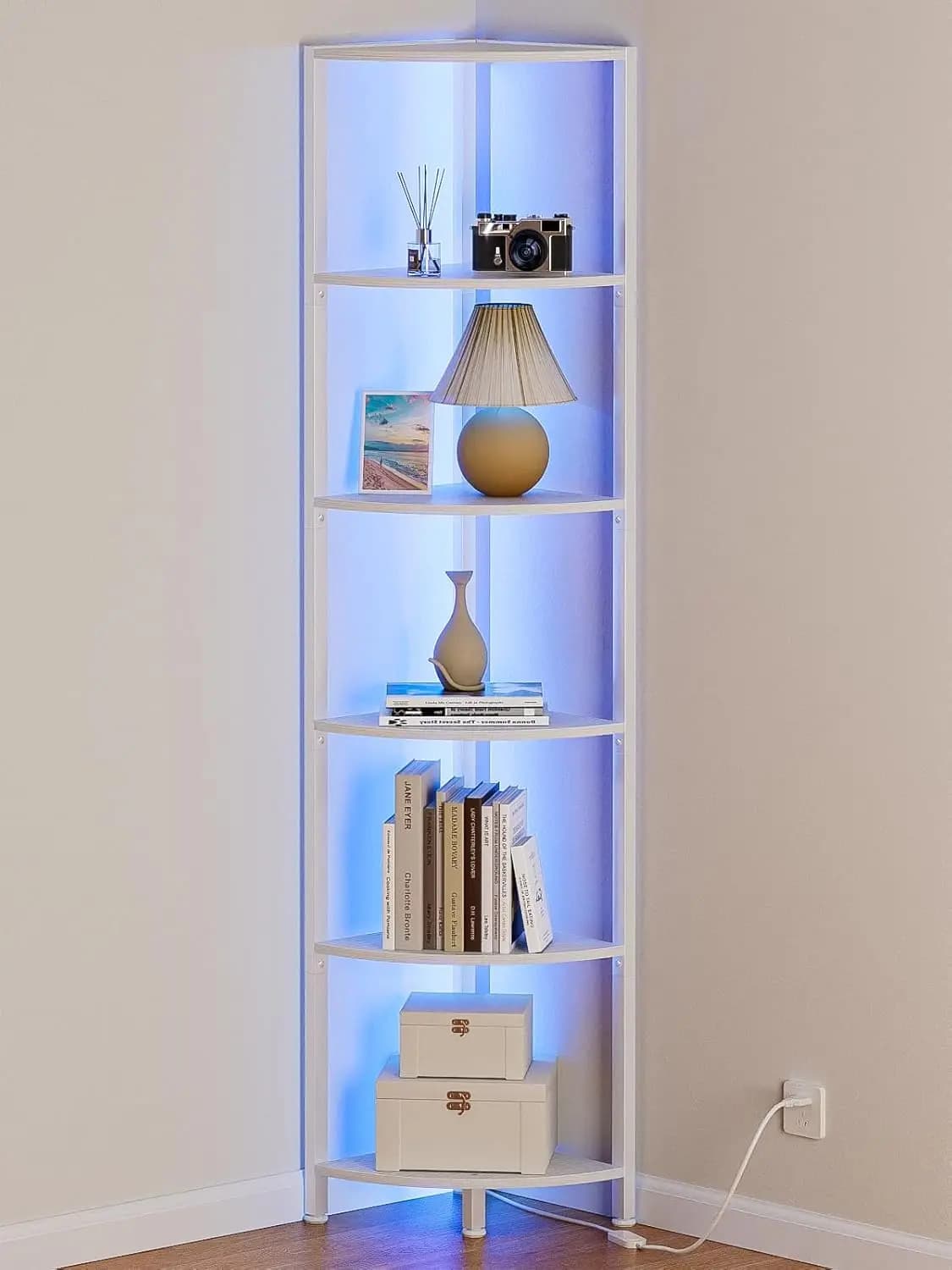 Mensola angolare a 6 livelli con luci a LED, organizer alto in metallo bianco e legno da 67,5 pollici per soggiorno, camera da letto