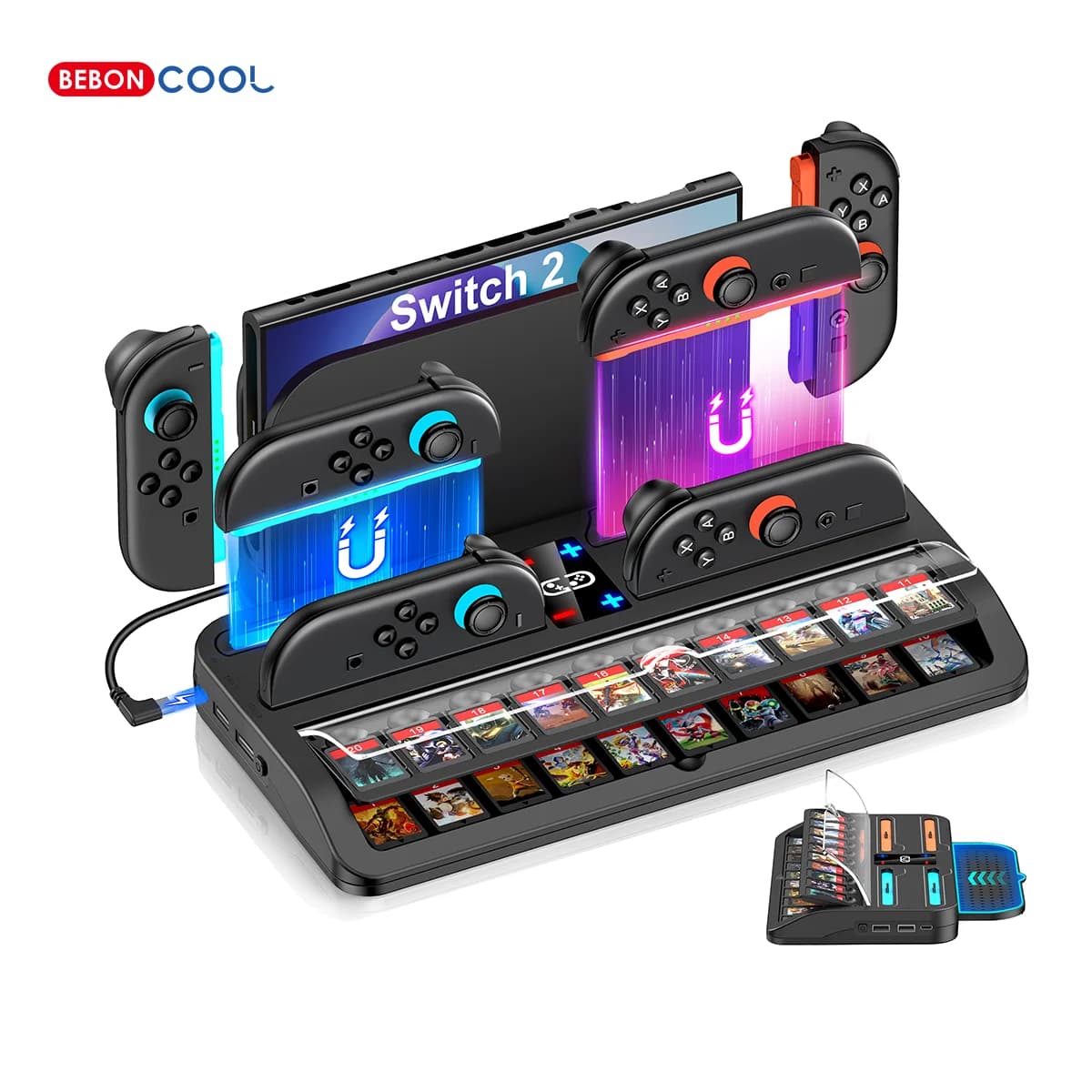 BEBONCOOL SC200 4 supporto caricabatterie per controller per Switch2 con 2 porte USB, 2 livelli di archiviazione, dock di ricarica per 20 schede di gioco per Switch2