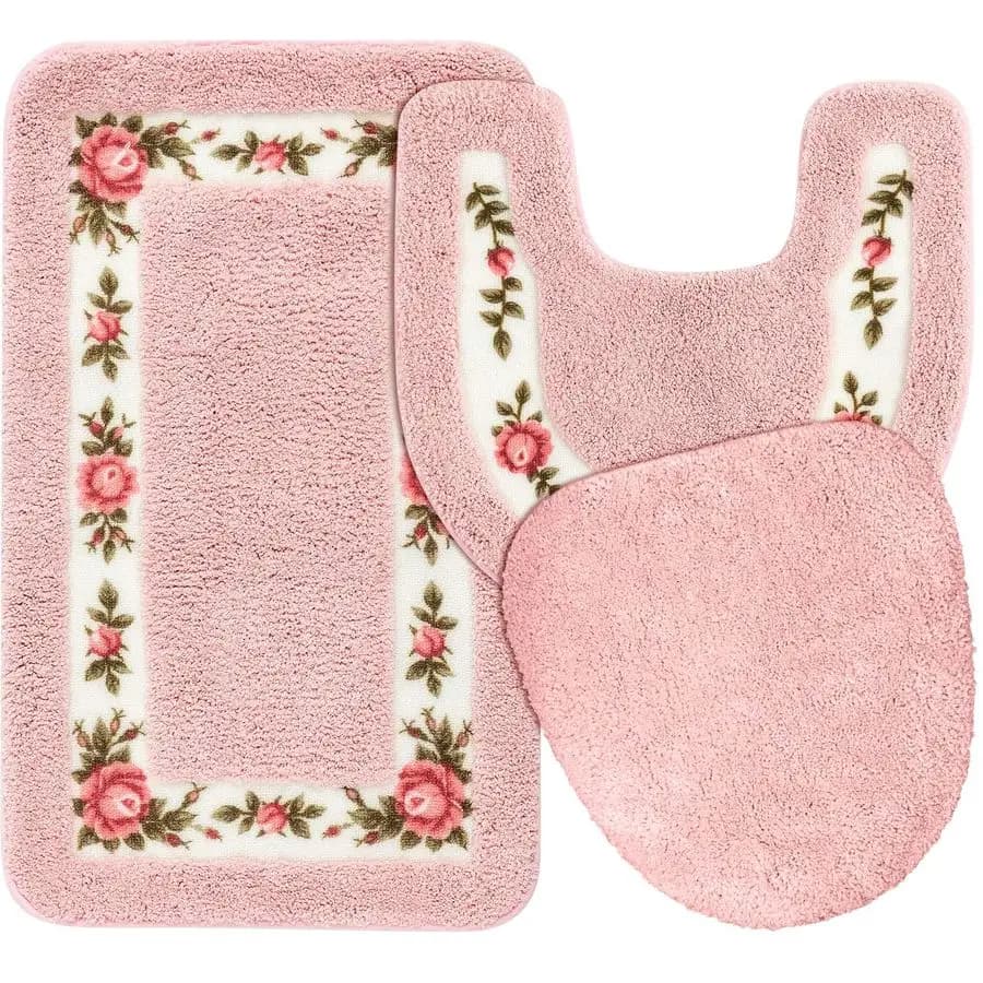 Set di 3 Tappeti da Bagno a Forma di Rosa, Decorazione Floreale per la Stanza, Tappetino a U per WC, Antiscivolo e Assorbente