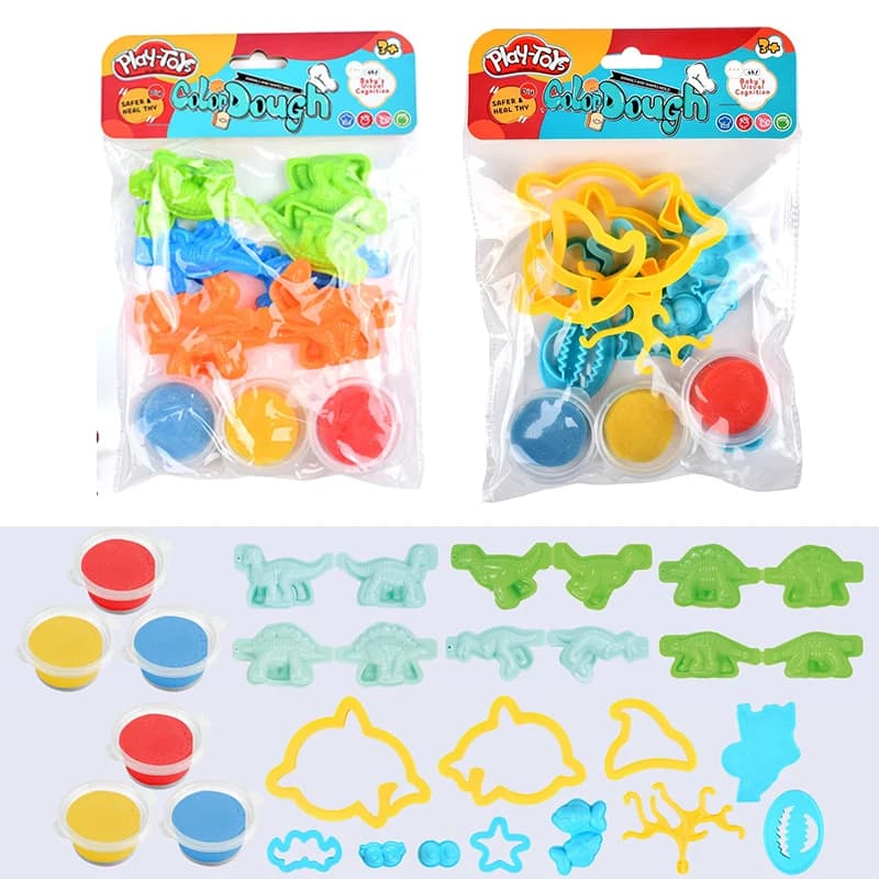 2 Sets Kids Dinosaur Sea Animals Play Dough Sets DIY Modeling Clay with Animals Molds Kit Creative Plasticine Toy for Children
