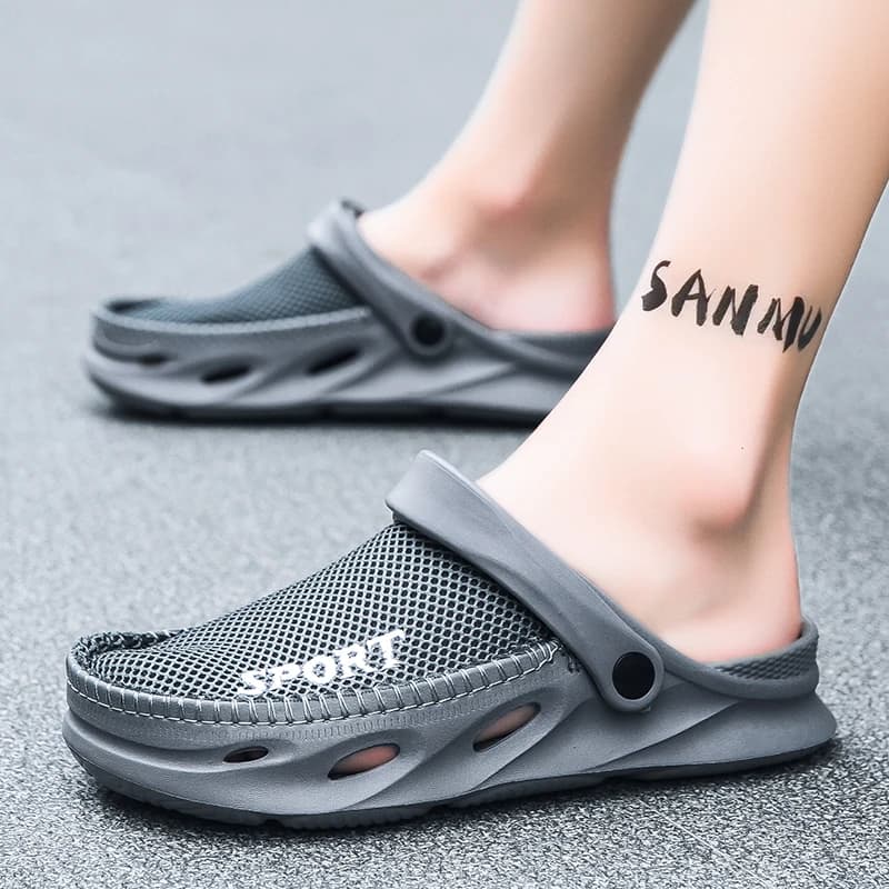 Summer men's sandals for outdoors with thick bottom and holes, anti-slip, anti-odor, casual, with mesh fabric upper, slip-on