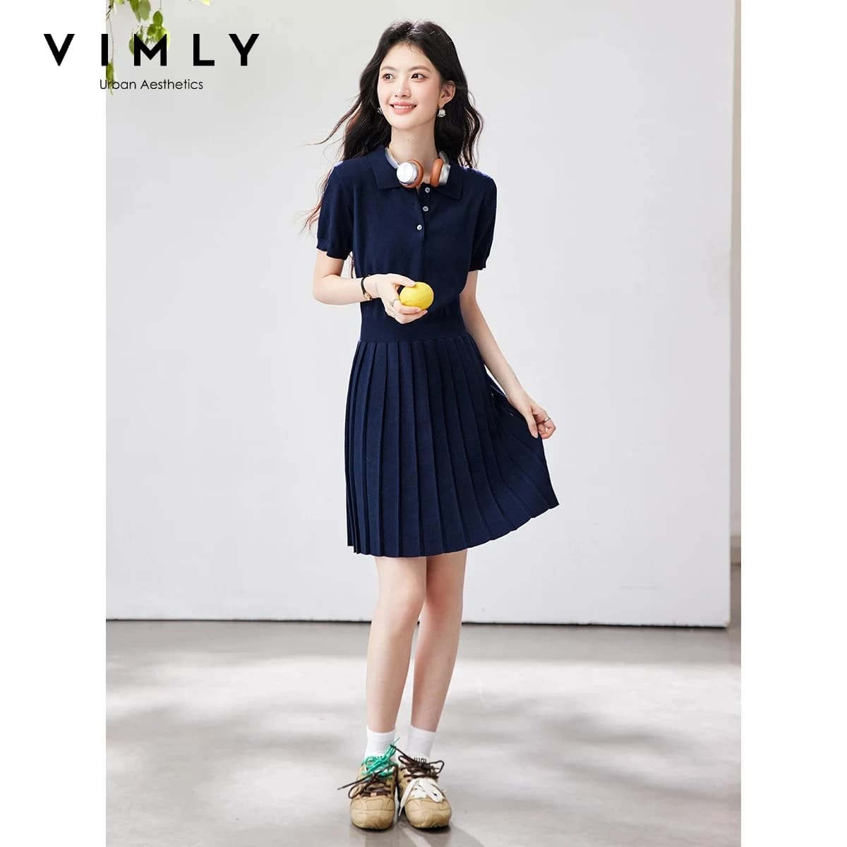 VIMLY Abito Mini Casual da Donna con Pieghe a Trapezio, Nuovo Modello Estivo 2026, Stile Coreano Preppy, con Colletto Polo e Maniche Corte in Maglia 75357