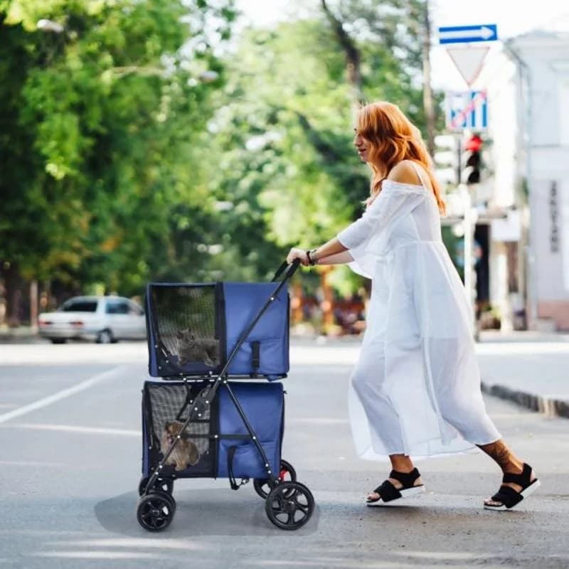 Passeggino Doppio 4-in-1 per Animali Domestici con Trasportino Staccabile e Carrozzina da Viaggio - Blu