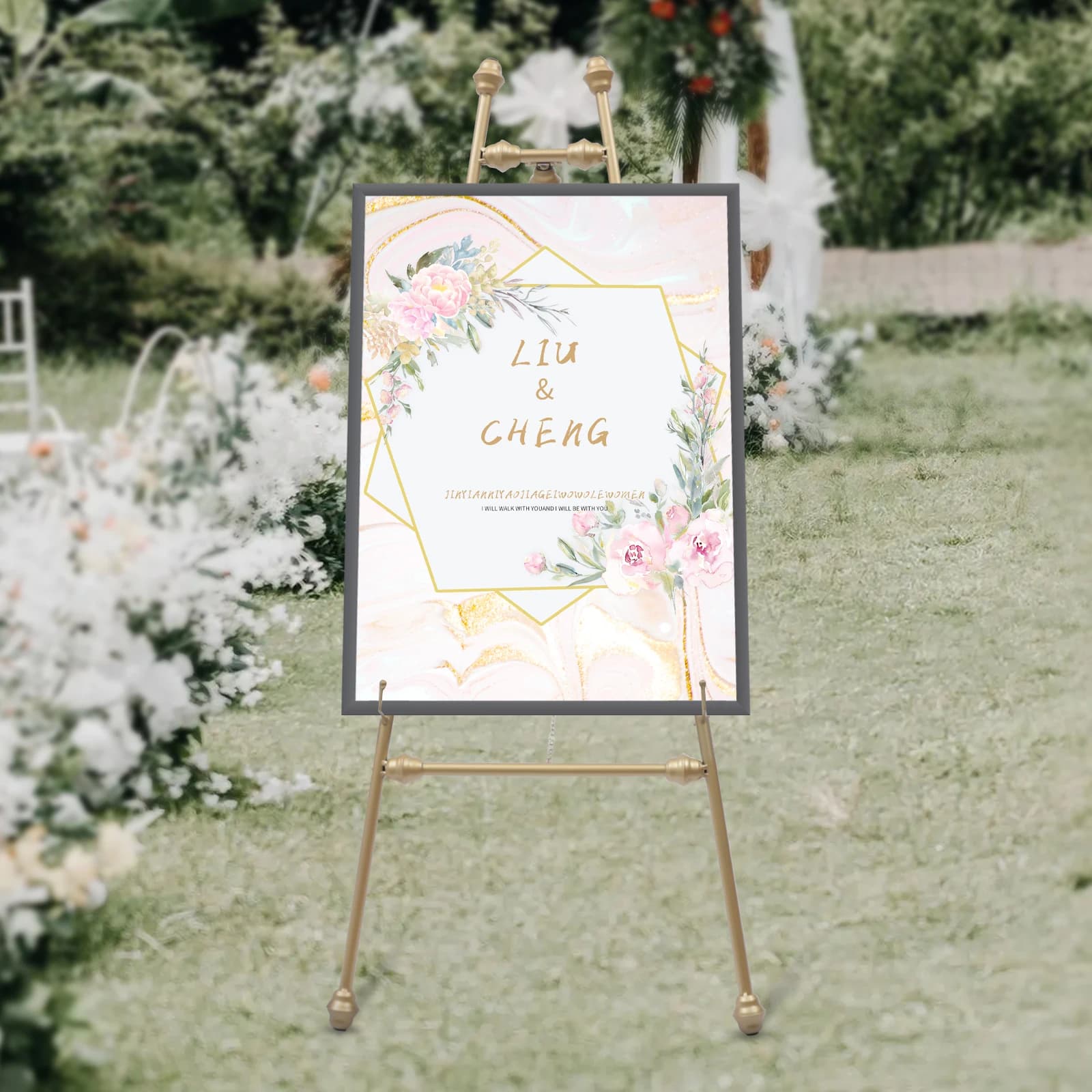 Espositore con cornice per foto dorata per immagini di matrimonio, anniversario e eventi | Set di 2 cavalletti per fondale 50x118 cm, decorazione in ferro