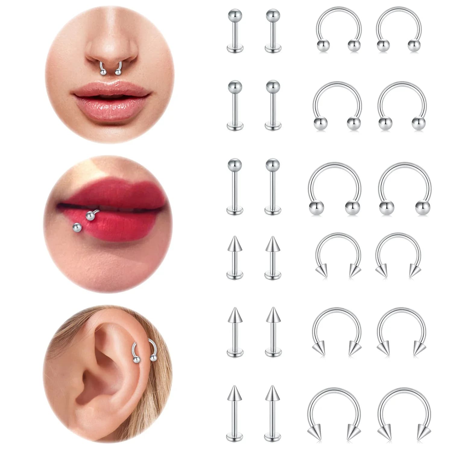 Set di 12 Anelli per Piercing Stile Punk, Orecchini in Acciaio Inossidabile 16G, Gioielli per Naso/Labbro/Carneola/ capezzolo/Orecchio