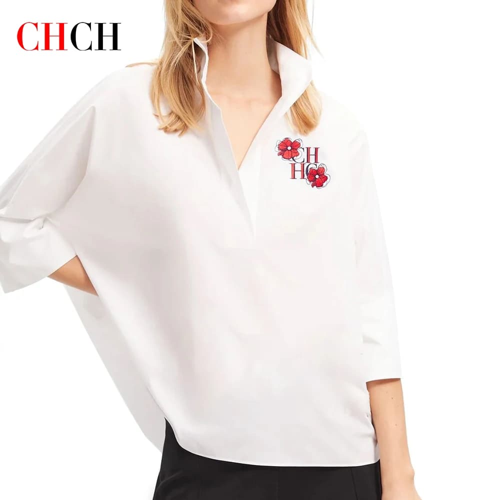 CHCH Nuovo 2024 Estate Camicetta Bianca 100% Cotone Elegante Temperamento Ufficio Camicette Donna Manica Corta Casual Magliette E Camicette Solido Blusas